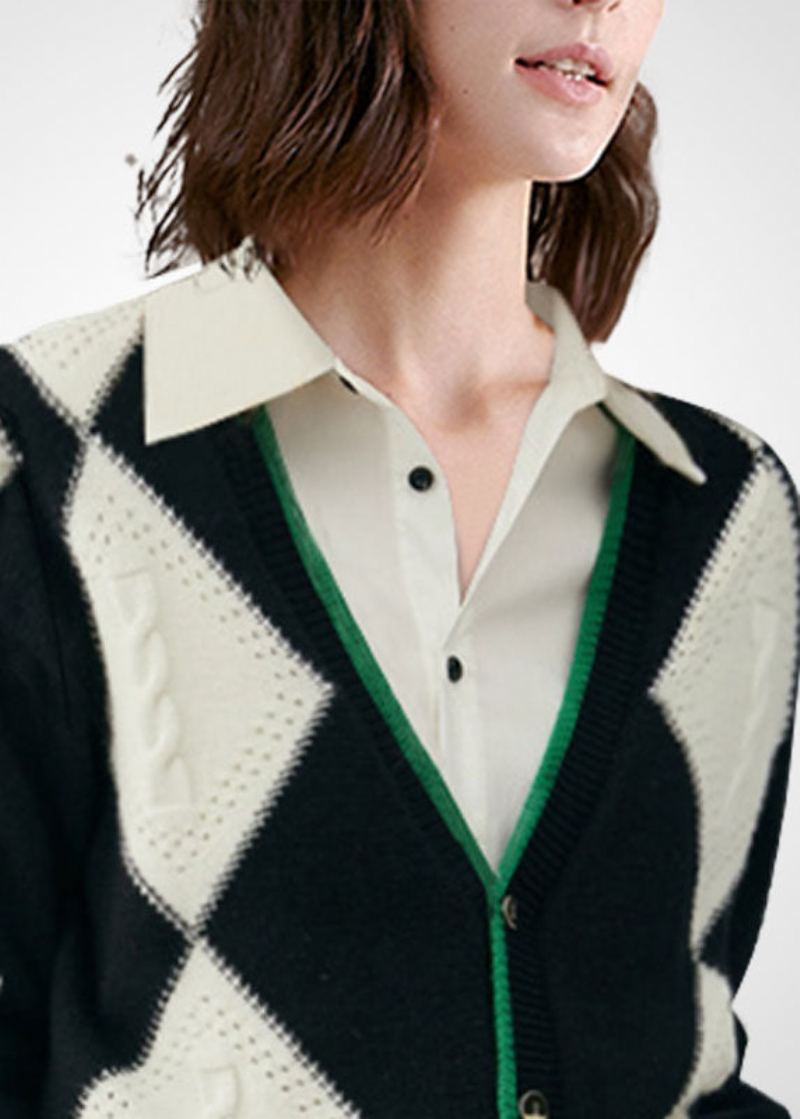 Bohème Colorblock Col En V Patchwork Plaid Laine Tricot Cardigan Hiver - Manteaux en laine femmes