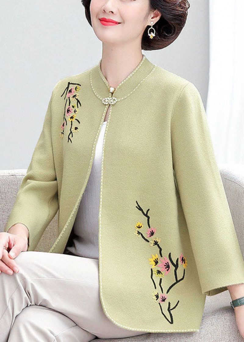 Bohème Vert Clair Col Montant Brodé Laine Lâche Cardigan Automne