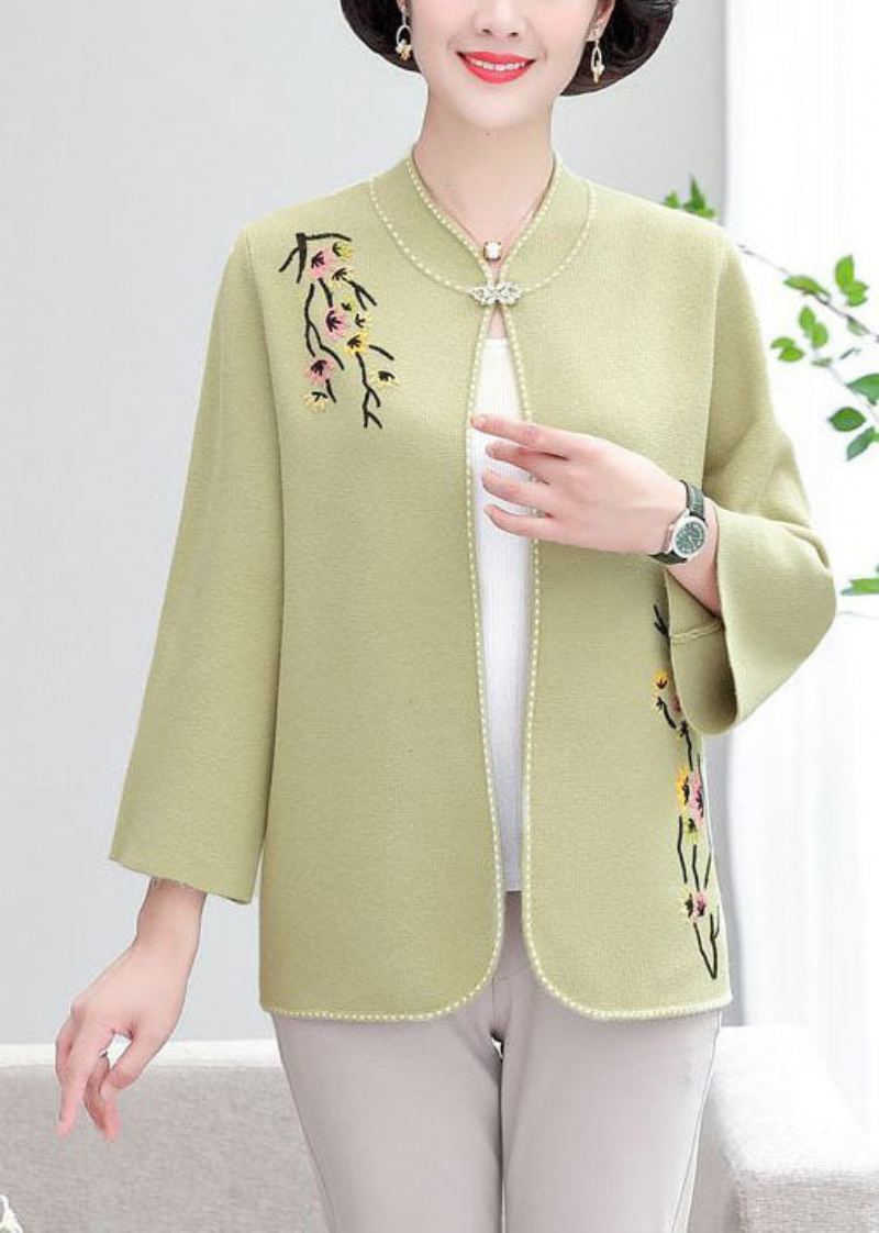 Bohème Vert Clair Col Montant Brodé Laine Lâche Cardigan Automne - Vert Clair