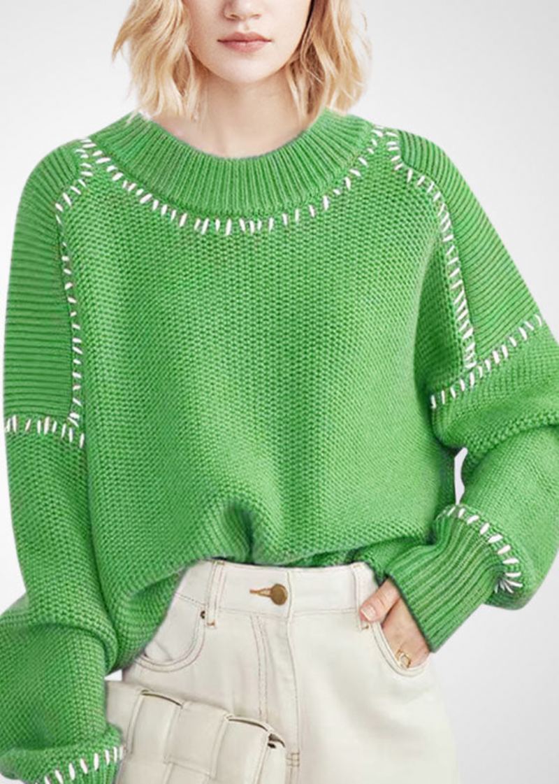 Bohème Vert Col Rond Surdimensionné Laine Épaisse Pull Court Hiver