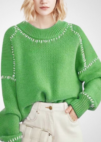 Bohème Vert Col Rond Surdimensionné Laine Épaisse Pull Court Hiver