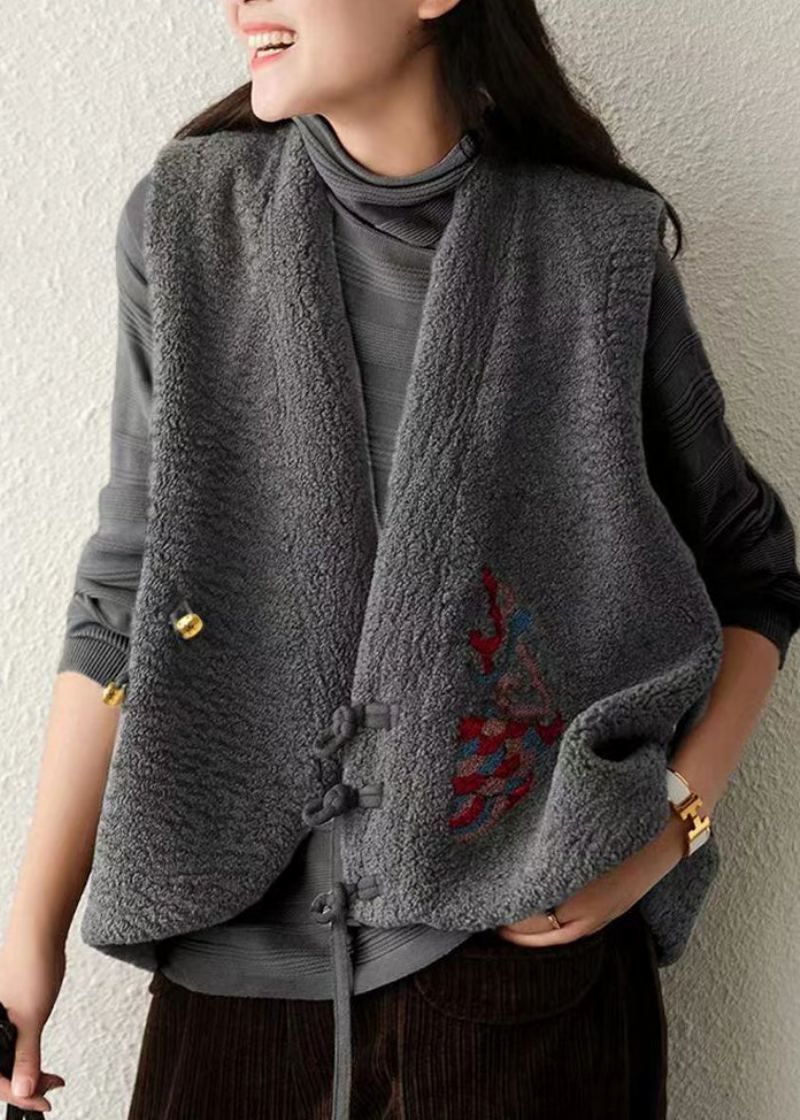 Boho Gris Col En V Bouton Chinois Patchwork Laine Gilet Sans Manches