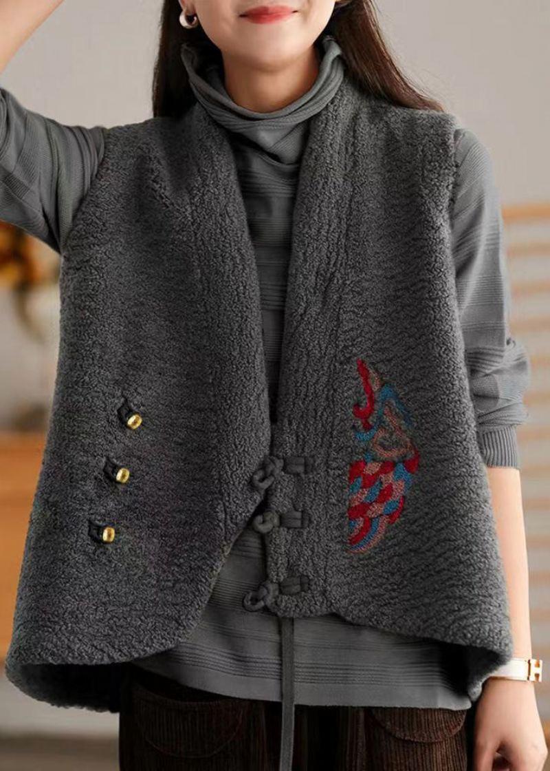 Boho Gris Col En V Bouton Chinois Patchwork Laine Gilet Sans Manches - Manteaux en laine femmes