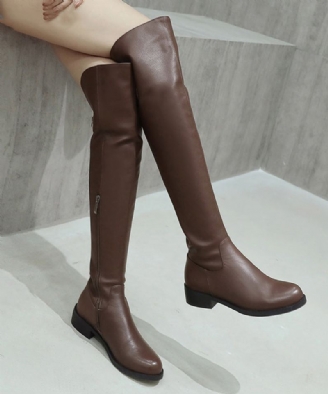 Bottes Au Genou Doublées De Laine À Fermeture Éclair En Cuir De Vache Épais Marron À La Mode