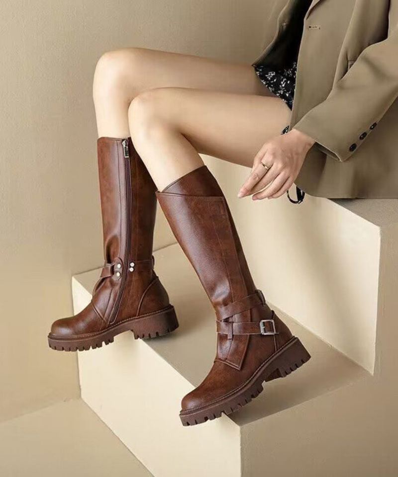 Bottes Chics À Talons Épais En Simili Cuir Marron Doublées De Laine Pelucheuse - Manteaux en laine femmes