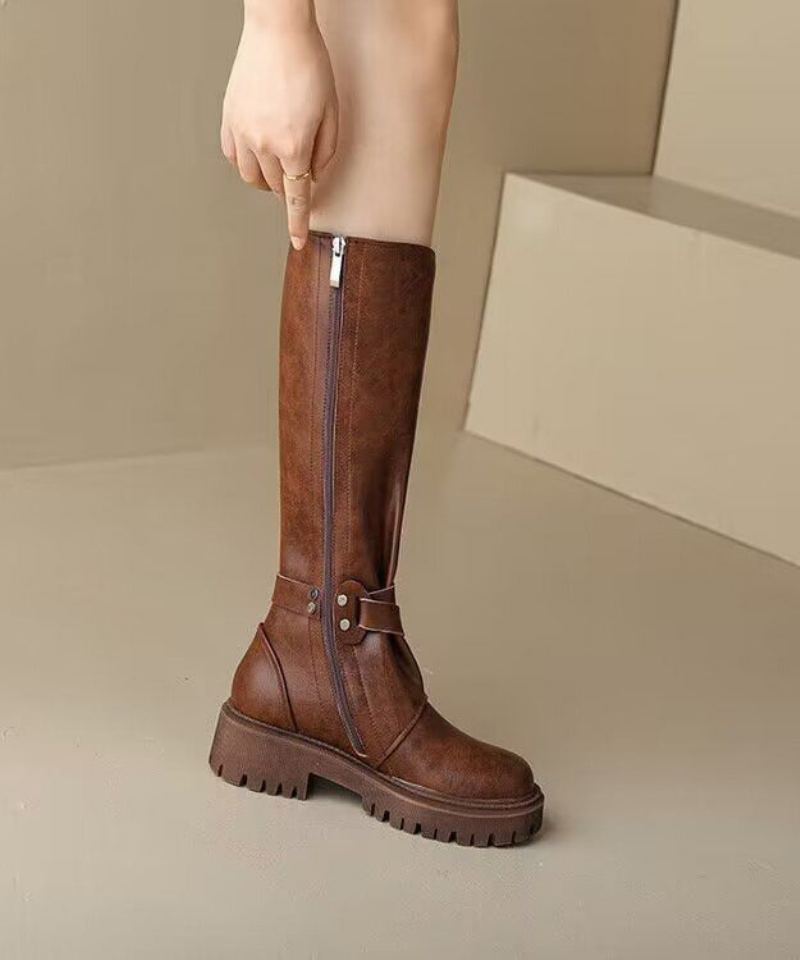 Bottes Chics À Talons Épais En Simili Cuir Marron Doublées De Laine Pelucheuse - Manteaux en laine femmes