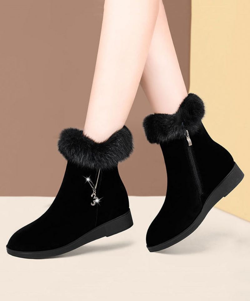 Bottes Compensées Chaudes Et Confortables Doublées De Laine Pelucheuse Noire