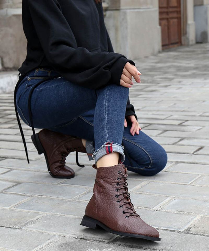 Bottes Confortables Doublées De Laine Pelucheuse À Sangles Croisées Café En Cuir De Vache - Manteaux en laine femmes