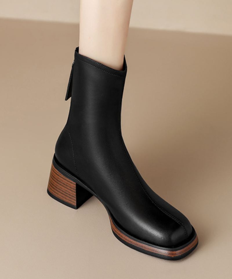 Bottes Courtes Épaisses Noires Élégantes Doublées De Laine Pelucheuse - Manteaux en laine femmes