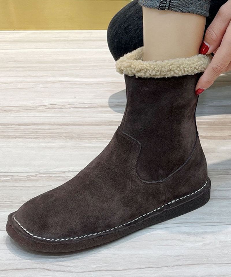 Bottes Doublées De Laine Floue Chocolat Zippées À La Mode En Cuir De Vache