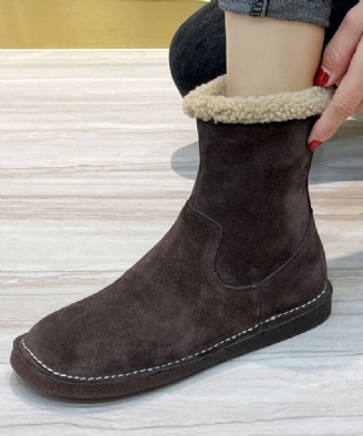 Bottes Doublées De Laine Floue Chocolat Zippées À La Mode En Cuir De Vache