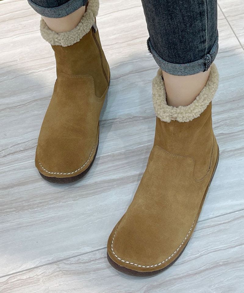 Bottes Doublées De Laine Floue Chocolat Zippées À La Mode En Cuir De Vache - Manteaux en laine femmes