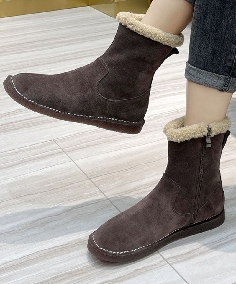 Bottes Doublées De Laine Floue Chocolat Zippées À La Mode En Cuir De Vache - Manteaux en laine femmes