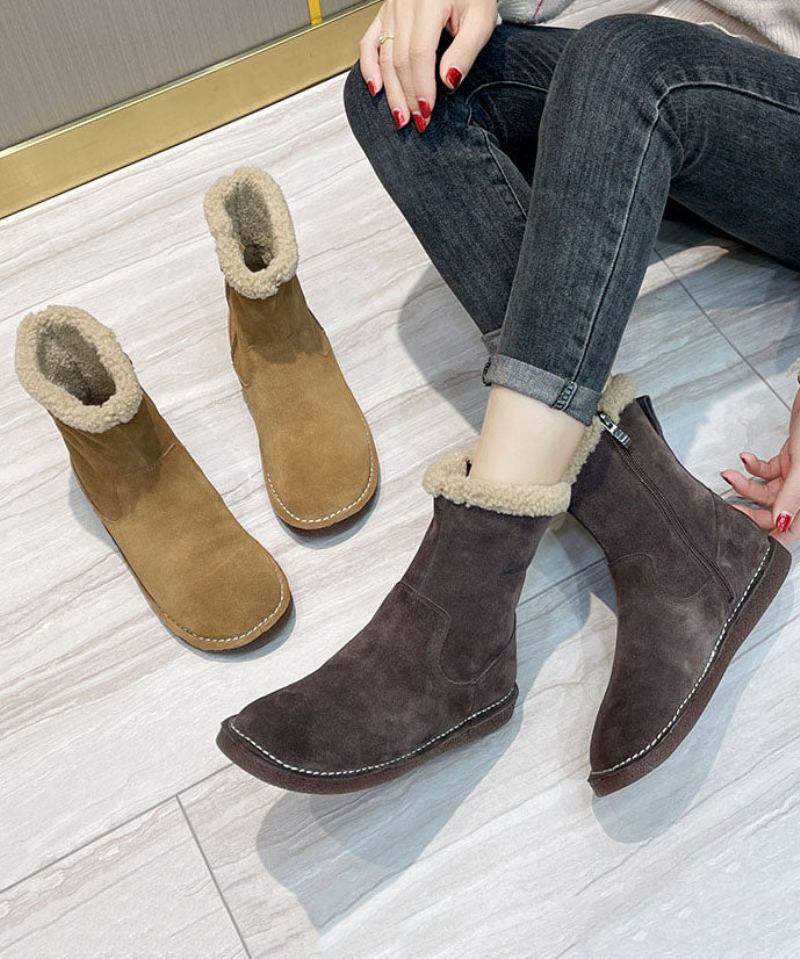 Bottes Doublées De Laine Floue Chocolat Zippées À La Mode En Cuir De Vache - Manteaux en laine femmes