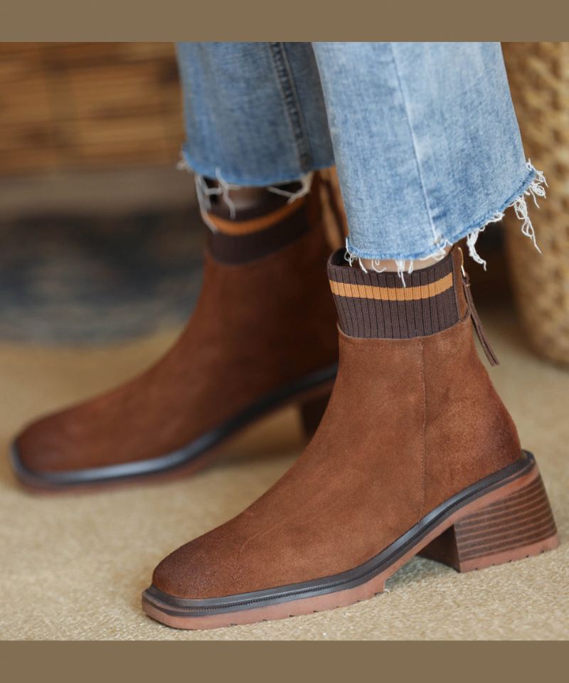 Bottes Épaisses À Fermeture Éclair Doublées De Laine Pelucheuse Marron - Manteaux en laine femmes