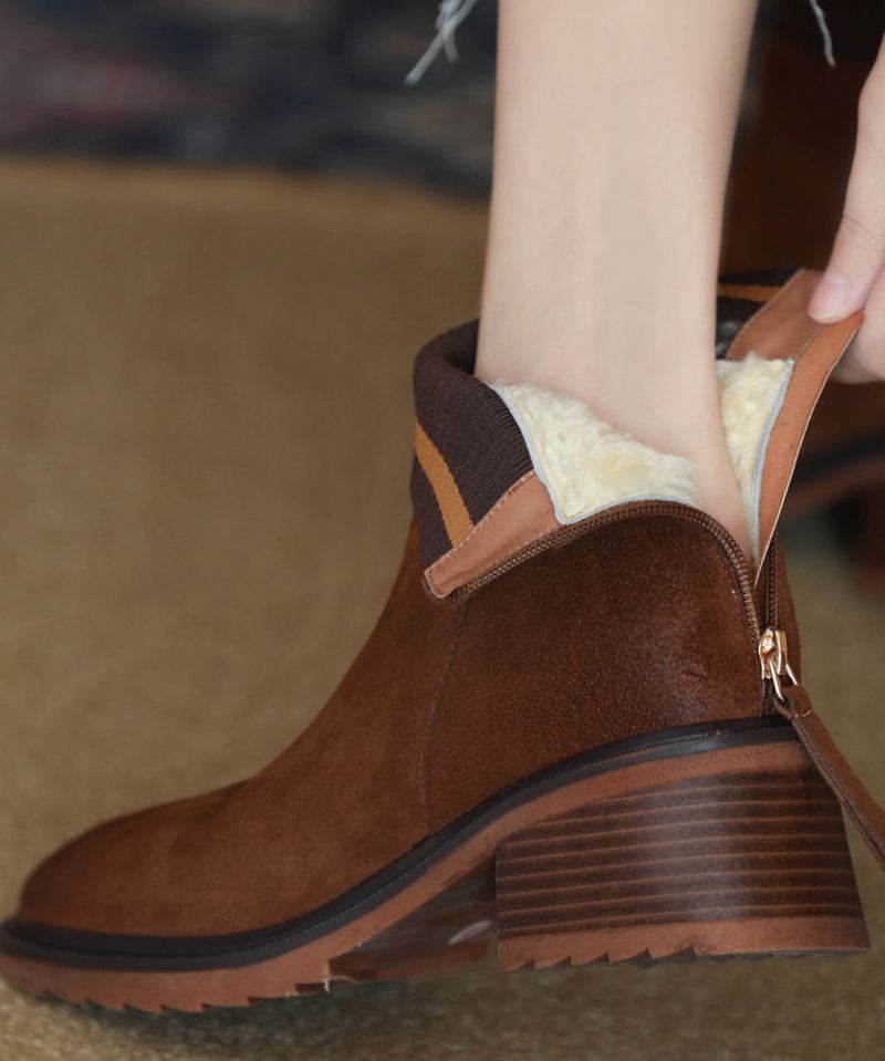 Bottes Épaisses À Fermeture Éclair Doublées De Laine Pelucheuse Marron - Manteaux en laine femmes