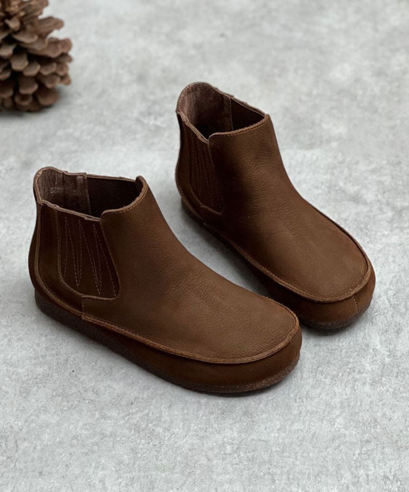 Bottes D'épissure Confortables En Cuir De Vachette Shelsea Doublées De Laine Floue - Café