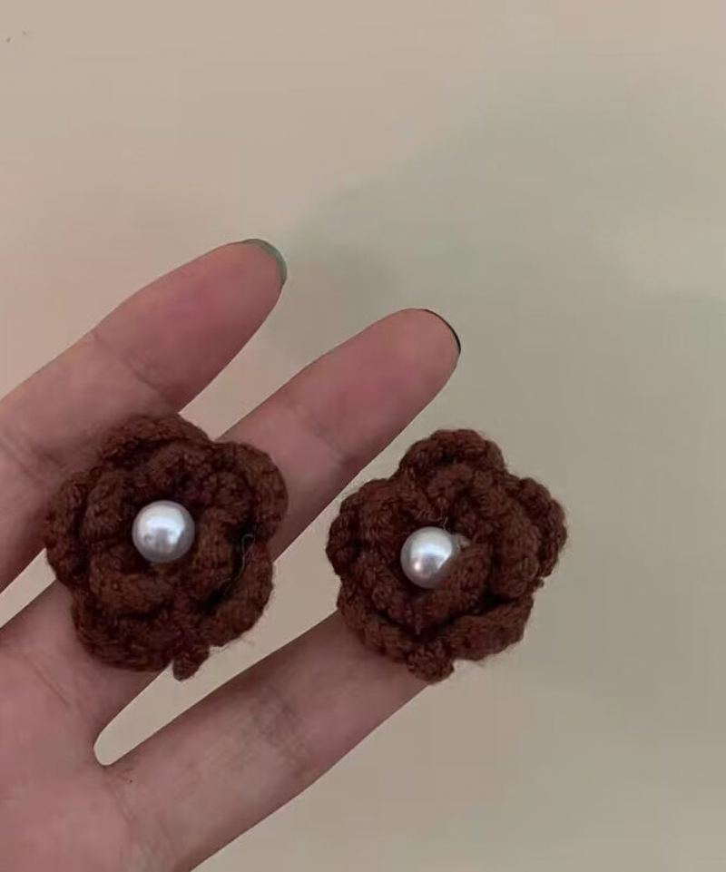 Boucles D'oreilles Florales En Laine À Tricoter Avec Perles Blanches Diy - Blanc