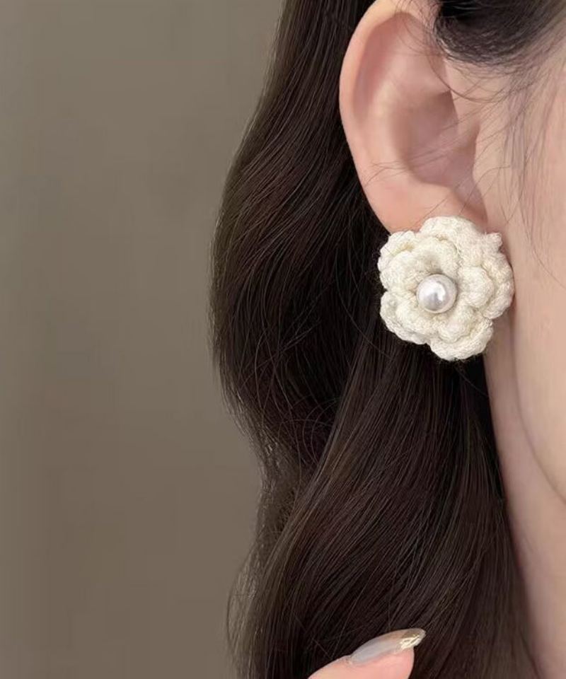 Boucles D'oreilles Florales En Laine À Tricoter Avec Perles Blanches Diy - Blanc