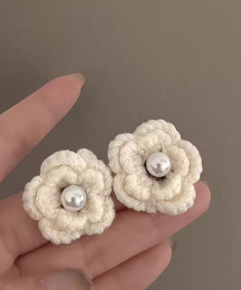 Boucles D'oreilles Florales En Laine À Tricoter Avec Perles Blanches Diy - Blanc