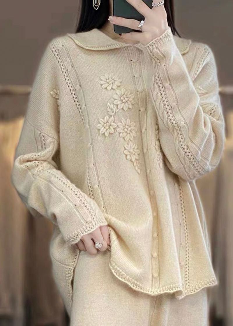 Boutique Beige Col Claudine Ébouriffé Patchwork Laine Florale Pulls En Tricot Printemps