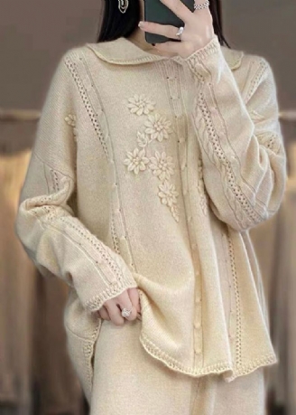 Boutique Beige Col Claudine Ébouriffé Patchwork Laine Florale Pulls En Tricot Printemps