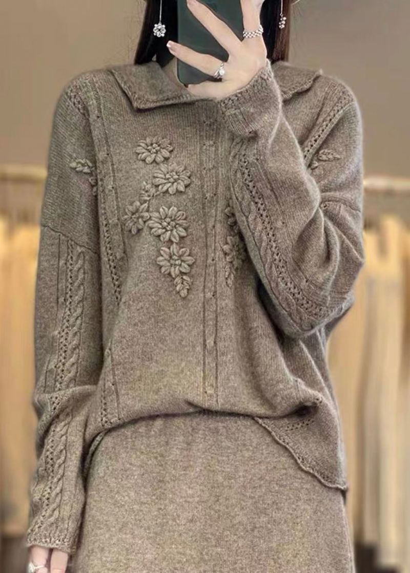 Boutique Beige Col Claudine Ébouriffé Patchwork Laine Florale Pulls En Tricot Printemps - Beige