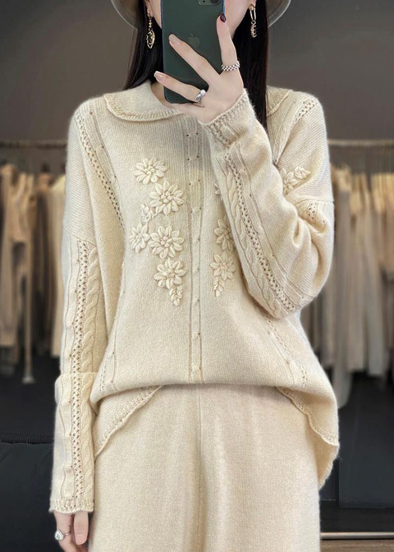 Boutique Beige Col Claudine Ébouriffé Patchwork Laine Florale Pulls En Tricot Printemps - Beige