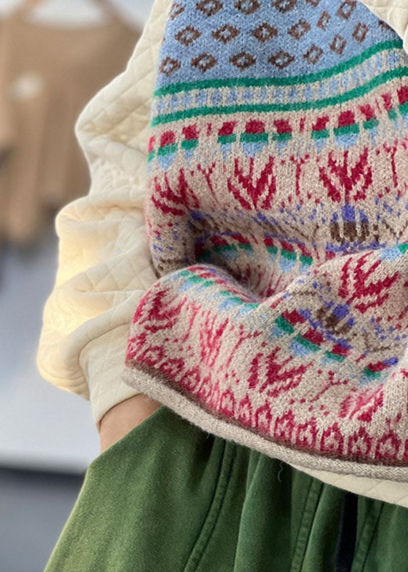 Boutique Bleu Surdimensionné Imprimé Laine Tricot Gilet Hauts Sans Manches - Manteaux en laine femmes