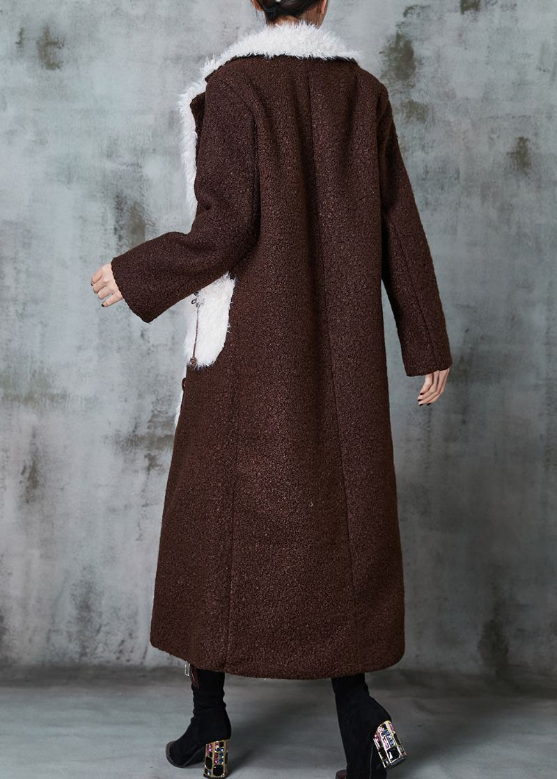 Boutique Chocolat Patchwork Poches Polaire Doublé De Laine Trench Hiver - Manteaux en laine femmes