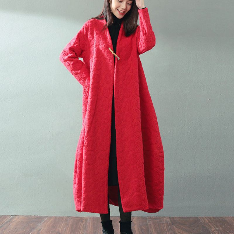 Boutique Manteau Maxi Rouge Tendance Grande Taille Col En V Manteaux Amples En Laine Jacquard Fin