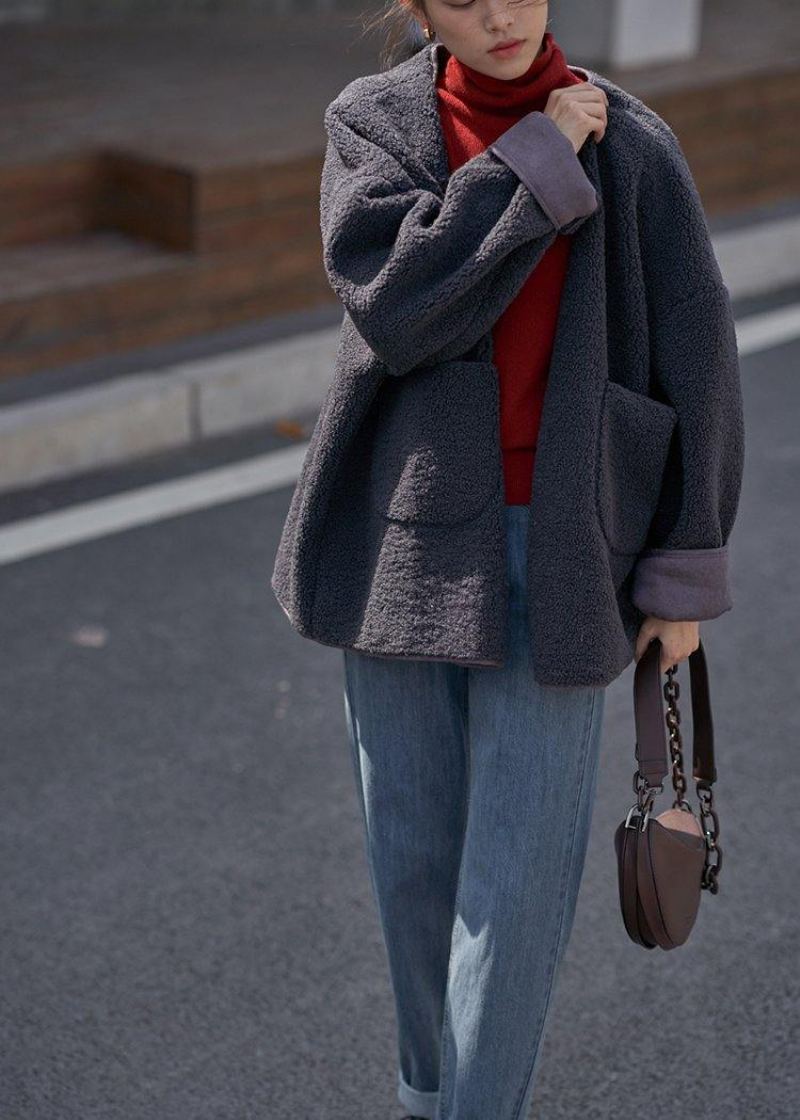 Boutique Manteaux En Laine Gris Foncé Vestes D'hiver Décontractées Poches À Col En V Pour Femmes - Vert