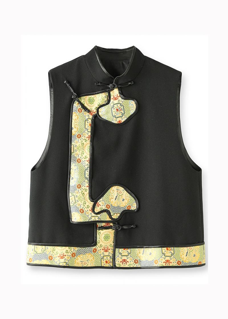 Boutique Noir Col Montant Jacquard Patchwork Gilet En Laine Sans Manches - Manteaux en laine femmes