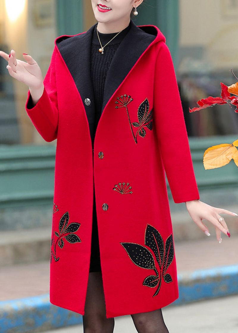 Boutique Rouge Jacquard Zircon Laine À Capuche Trench Printemps - Manteaux en laine femmes