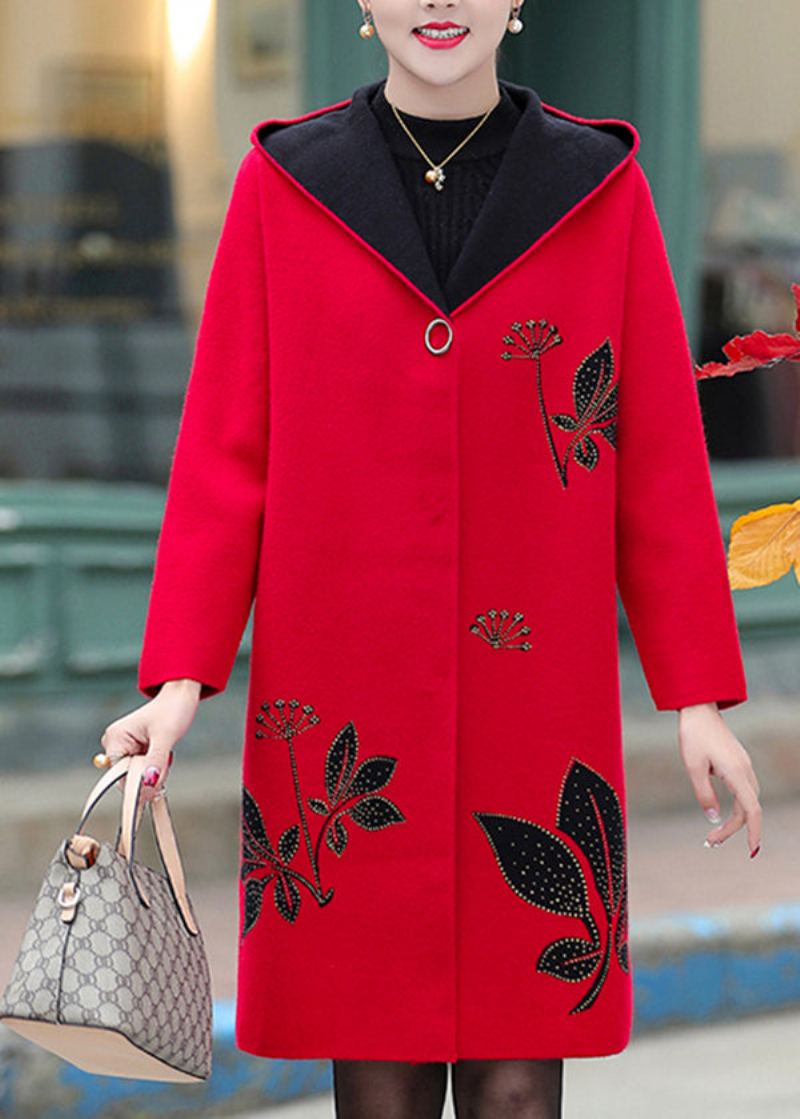 Boutique Rouge Jacquard Zircon Laine À Capuche Trench Printemps - Manteaux en laine femmes