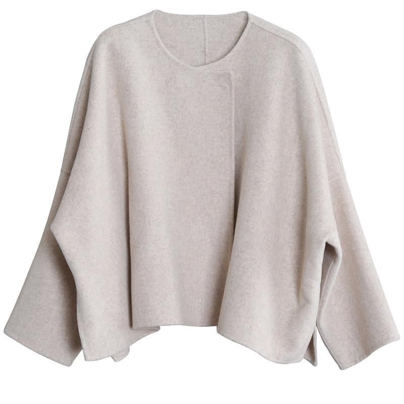 Boutique Tendance Grande Taille Veste De Longueur Moyenne Beige Col Rond Poches Manteau En Laine - Manteaux en laine femmes