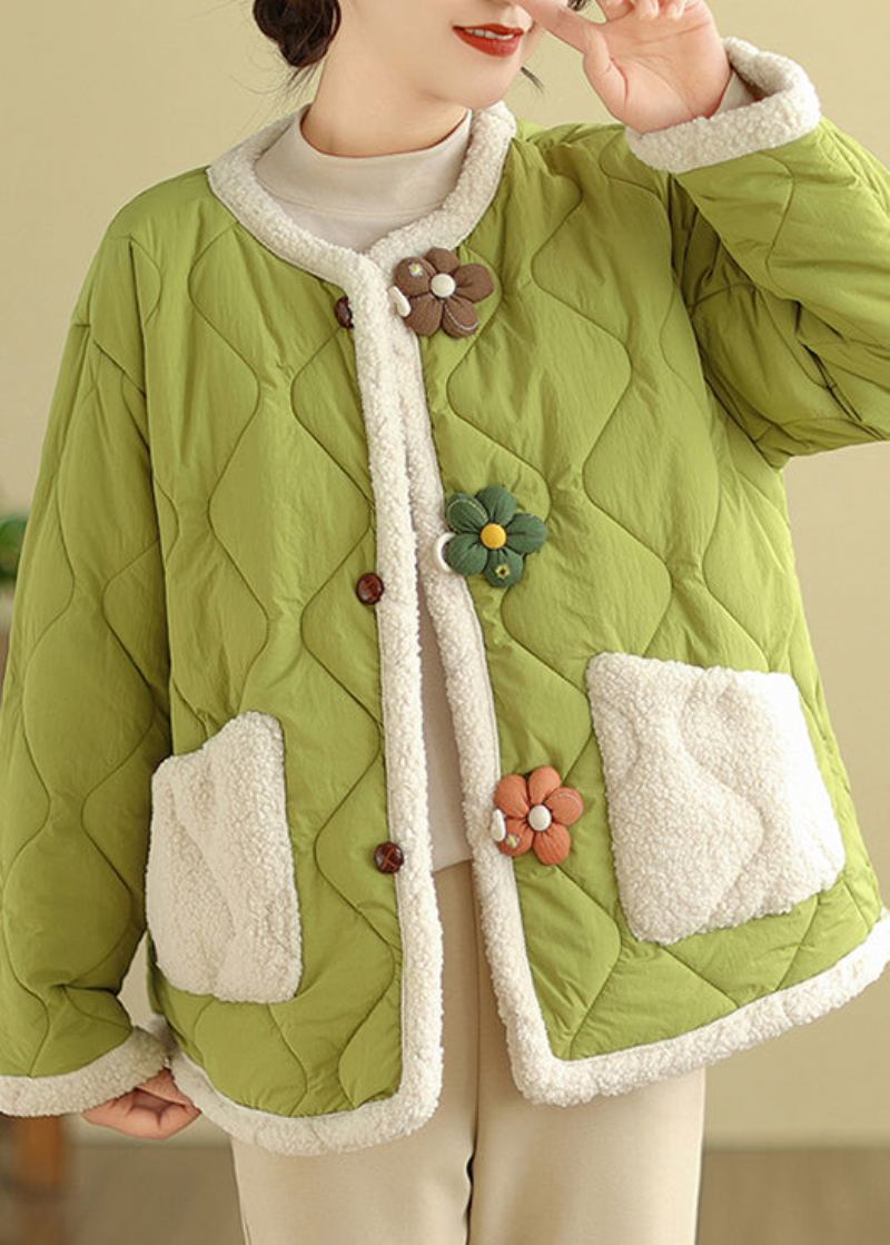 Boutique Vert Col Rond Poches Polaire Doublure En Laine Vestes Hiver