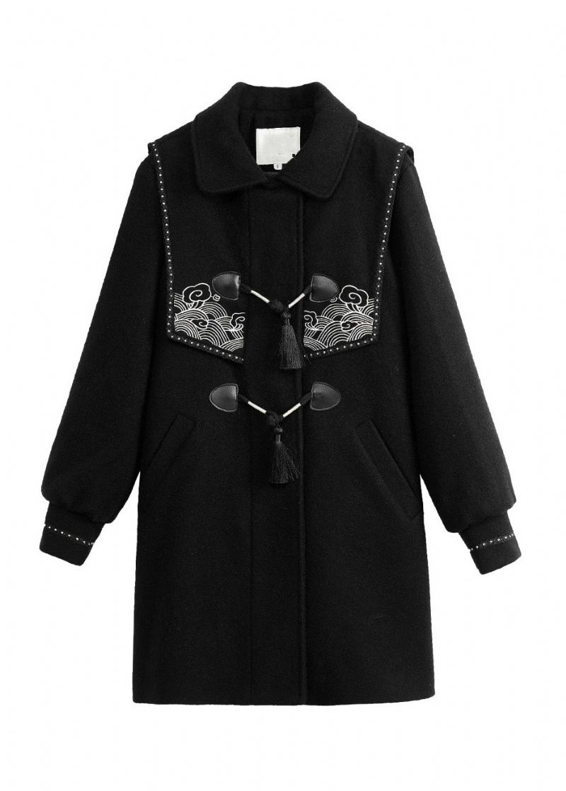 Bref Noir Col Marin Imprimé Gland Bouton Épais Laine Trench Manteau Hiver - Manteaux en laine femmes