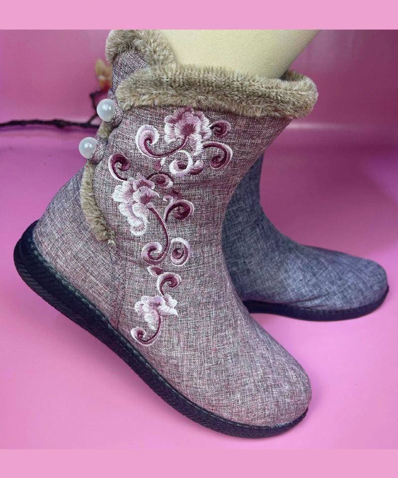 Broderie De Tissu De Coton Rose Épissant Des Bottes Doublées De Laine Floue