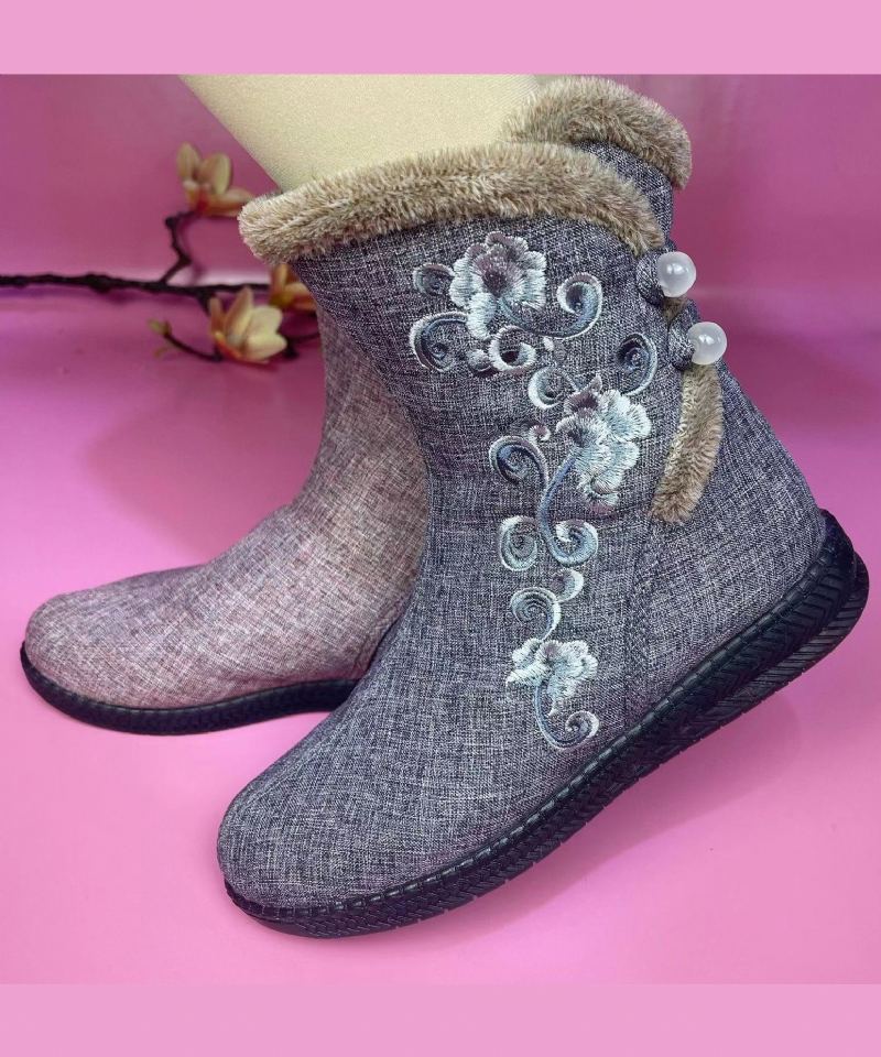 Broderie De Tissu De Coton Rose Épissant Des Bottes Doublées De Laine Floue - Manteaux en laine femmes