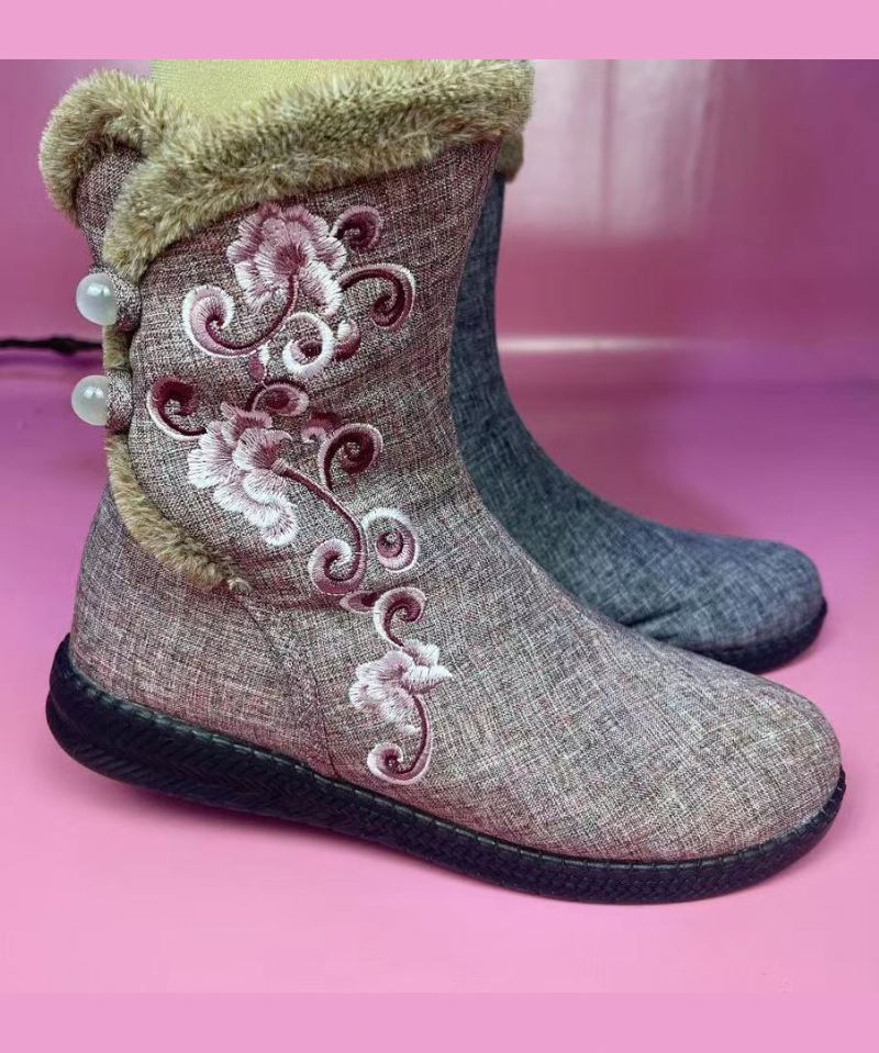 Broderie De Tissu De Coton Rose Épissant Des Bottes Doublées De Laine Floue - Manteaux en laine femmes