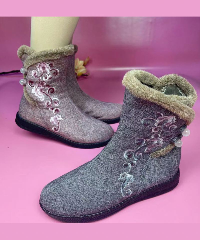 Broderie De Tissu De Coton Rose Épissant Des Bottes Doublées De Laine Floue - Manteaux en laine femmes