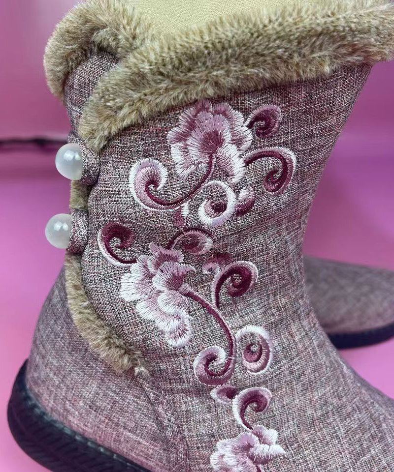 Broderie De Tissu De Coton Rose Épissant Des Bottes Doublées De Laine Floue - Manteaux en laine femmes