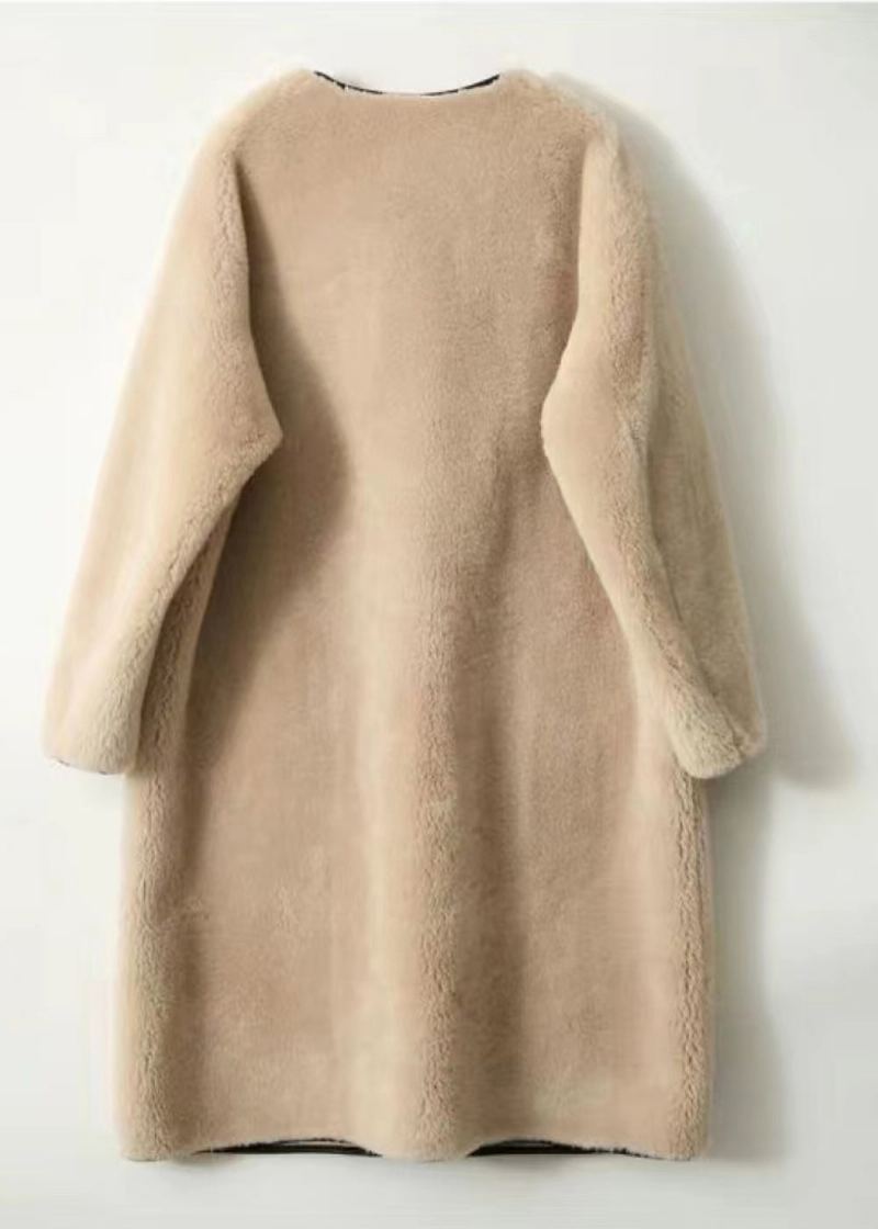 Camel Clair Poches Patchwork Laine Trench Bouton Col Rond Hiver - Manteaux en laine femmes