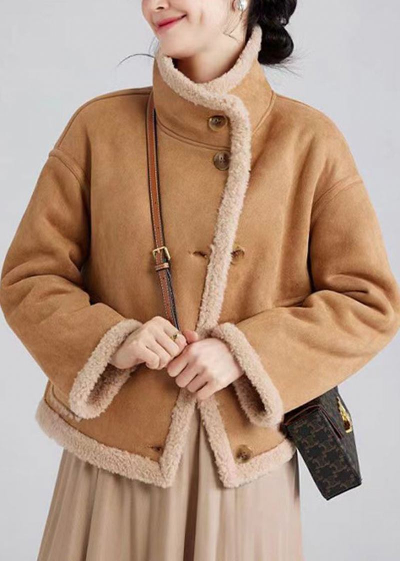 Camel Italien Col Montant Bouton Patchwork Laine Manteaux Hiver - Manteaux en laine femmes