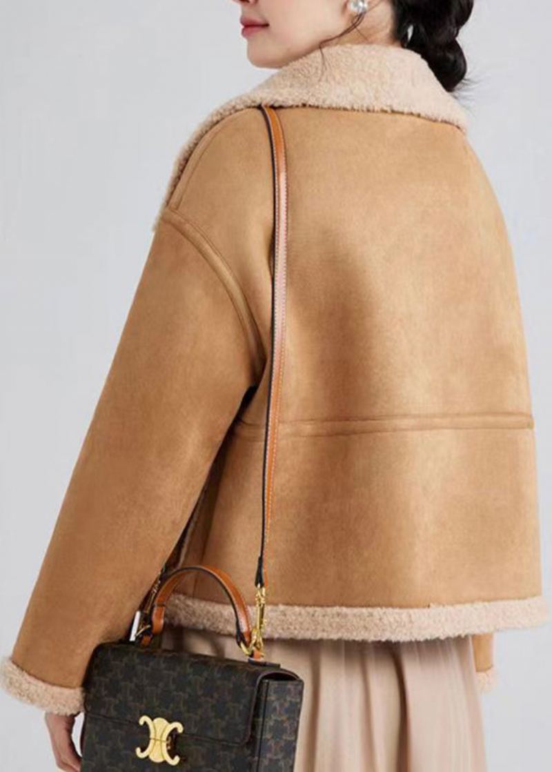 Camel Italien Col Montant Bouton Patchwork Laine Manteaux Hiver - Manteaux en laine femmes