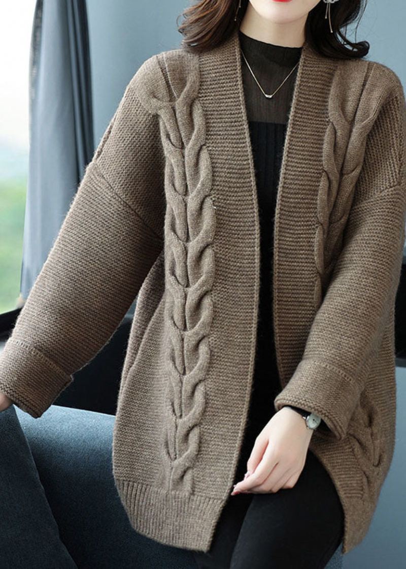 Camel Patchwork Femmes Épais Laine Cardigans Col En V Automne - Manteaux en laine femmes