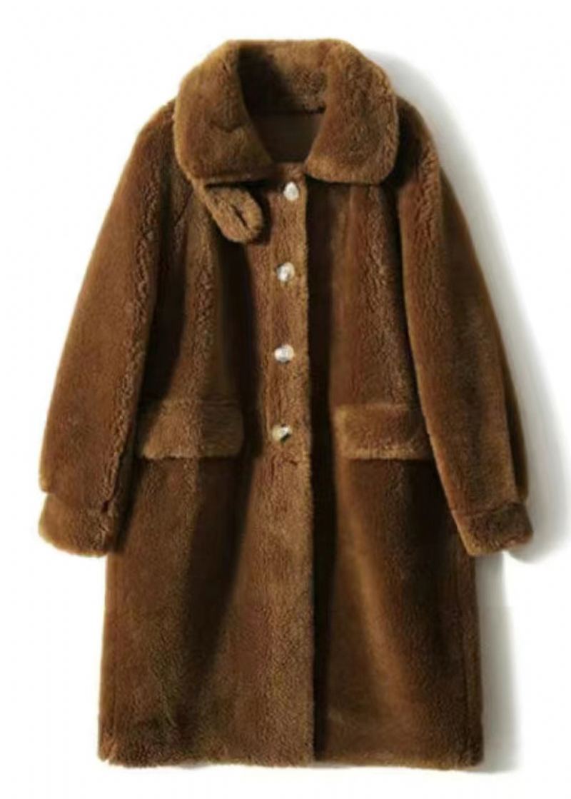 Camel Poches Patchwork Laine Trench Col Montant Bouton Hiver - Manteaux en laine femmes