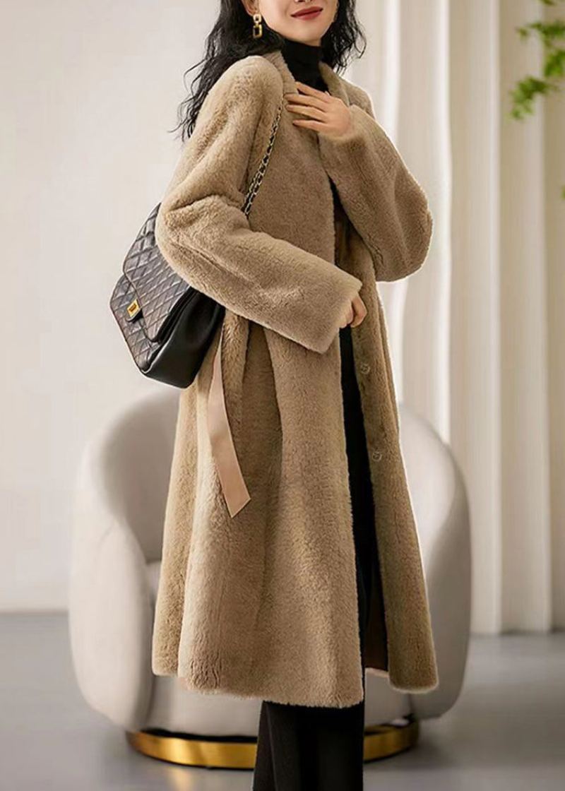 Camel Poches Patchwork Laine Trench Col Rond Bouton Hiver - Manteaux en laine femmes