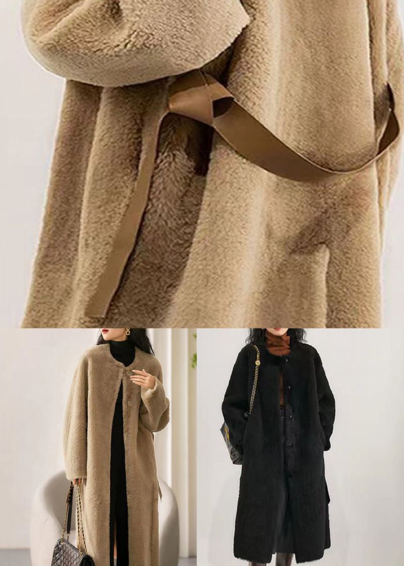 Camel Poches Patchwork Laine Trench Col Rond Bouton Hiver - Manteaux en laine femmes